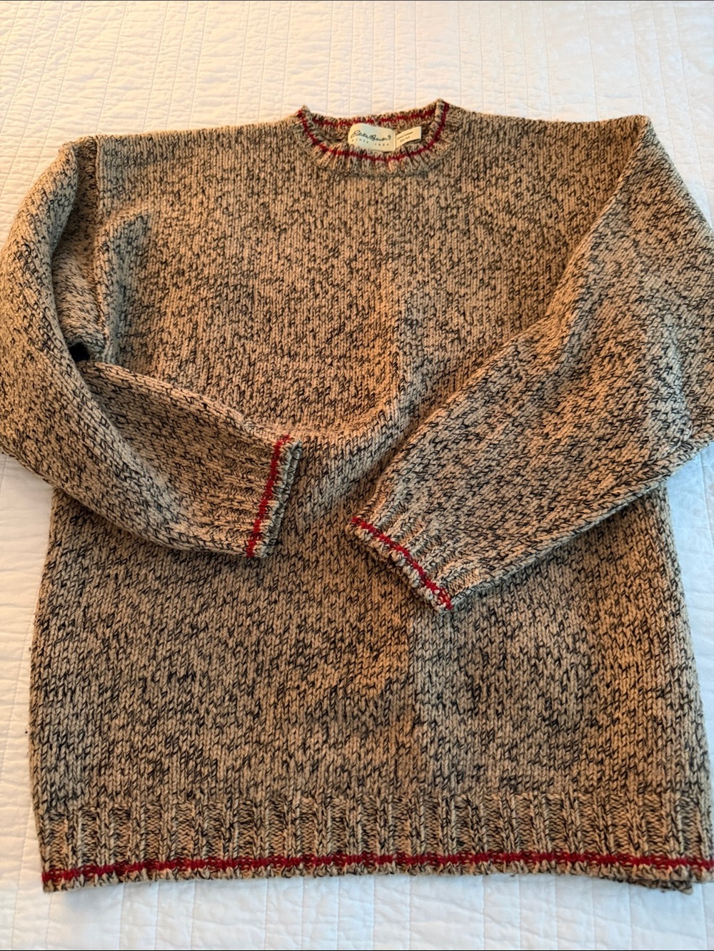 Eddie Bauer Marled Beige Crewneck Sweater with Red Trim
